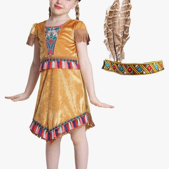 Amazon Girls Native Indian Costume Indigenous American Fringed Fancy Dress 4-6 - Picture 1 of 7